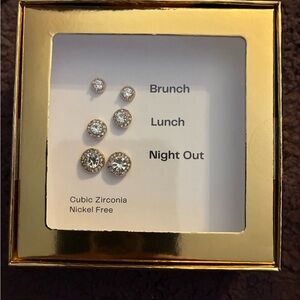 Cubic Zirconia Earring Set of 3 in Gold Box Brunch Lunch Night Out Nickel Free
